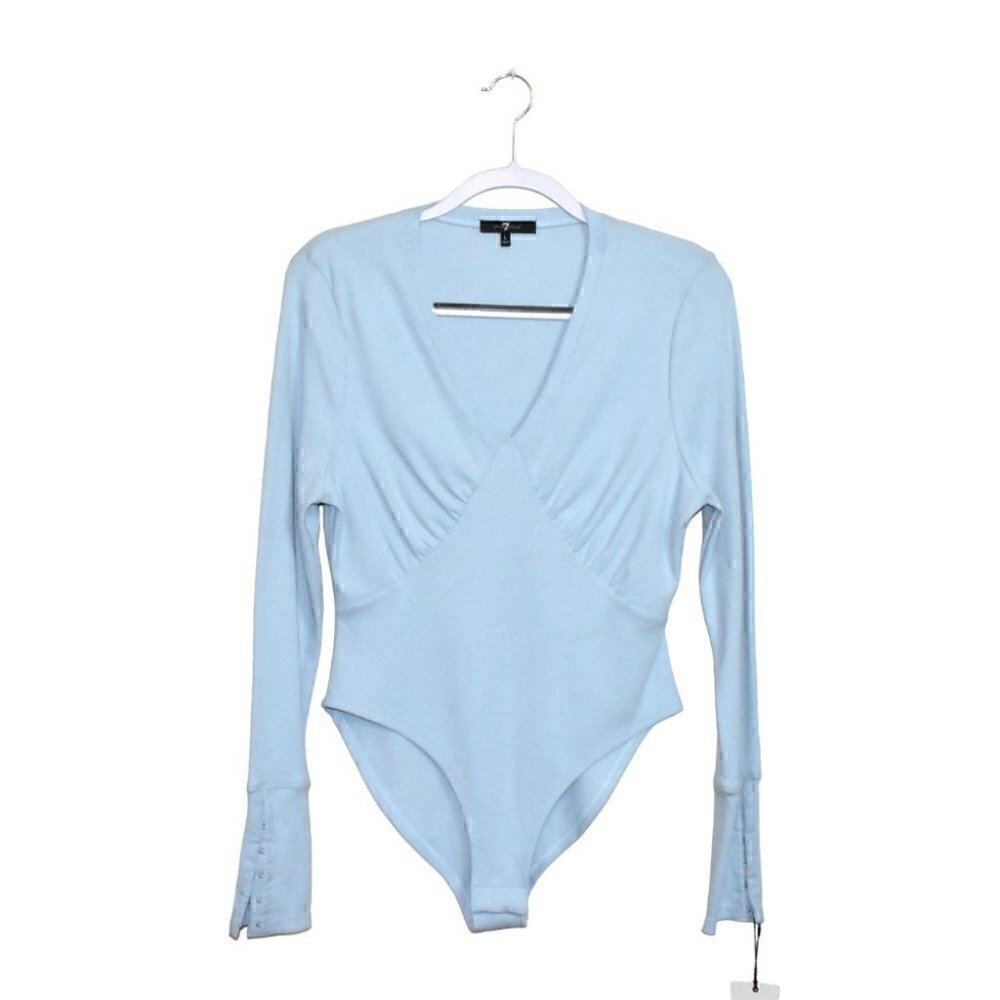 7 For All Mankind Long Sleeve V Neck Plunge Ribbed Bodysuit Light Blue Size L